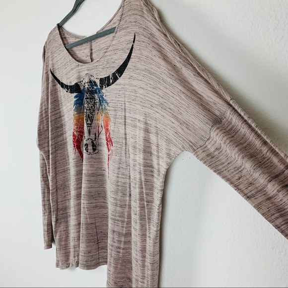 Lush tan lightweight drop-sleeve Top multicolor longhorn western boho motif L - Picture 7 of 15